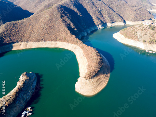 Aerial winter view of Vacha (Antonivanovtsi) Reservoir, Bulgaria