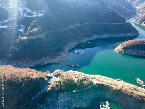Aerial winter view of Vacha (Antonivanovtsi) Reservoir, Bulgaria
