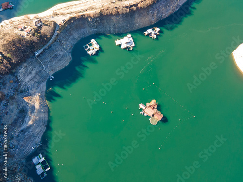 Aerial winter view of Vacha (Antonivanovtsi) Reservoir, Bulgaria