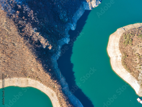 Aerial winter view of Vacha (Antonivanovtsi) Reservoir, Bulgaria