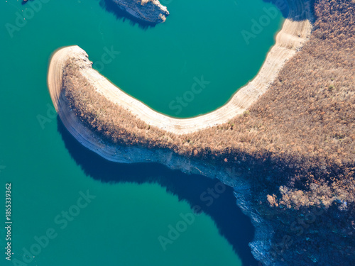 Aerial winter view of Vacha (Antonivanovtsi) Reservoir, Bulgaria