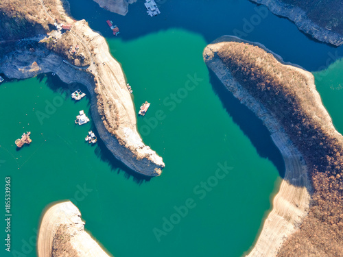 Aerial winter view of Vacha (Antonivanovtsi) Reservoir, Bulgaria