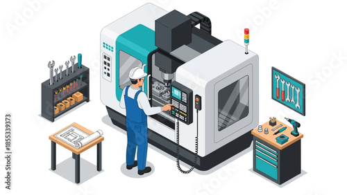 Isometric factory scene with cnc machine and worker in safety gear