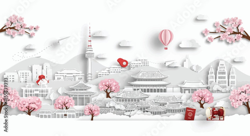 Layered papercut 2D flat illustration depicting a vibrant Korean landscape with famous landmarks and cultural travel symbols isolated on a clean white background.