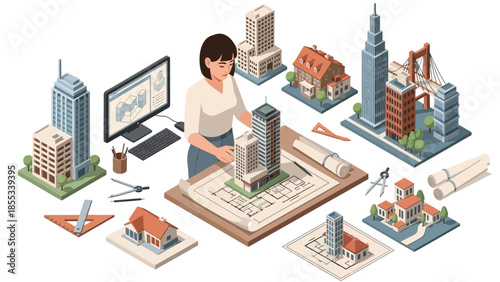 Architect designing urban buildings with miniature city models and tools in an office setting