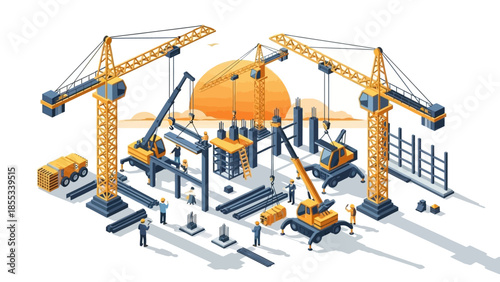Construction site at sunset with cranes and workers in isometric art style