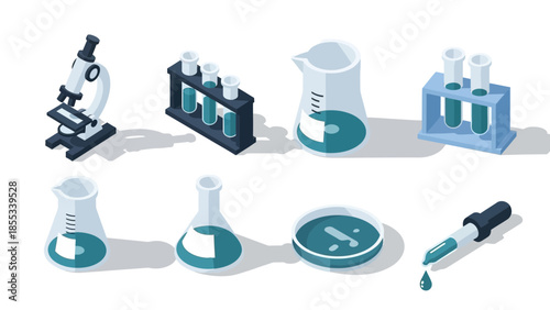 Isometric scientific equipment set: microscopes, beakers, test tubes, and more
