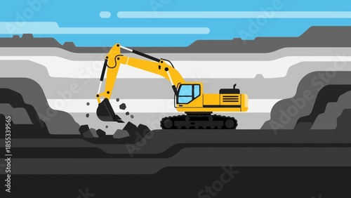 Excavator in quarry: modern flat design of construction machinery