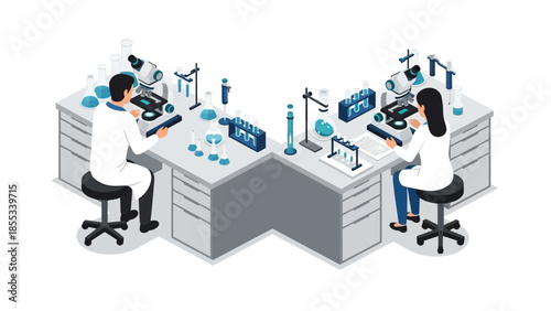 Isometric lab scene with scientists conducting experiments in a modern laboratory