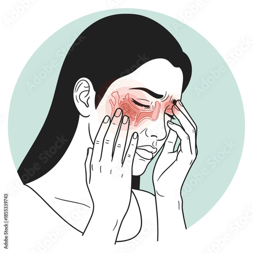 Young woman experiencing sinus pain and holding forehead in discomfort  