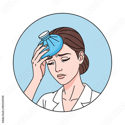 Woman feeling unwell while using cold compress on forehead 