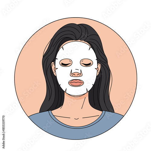 Young woman relaxing with sheet mask on face in minimalist style  
