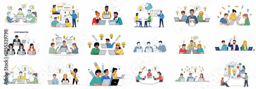 Vector illustration set depicting copywriter teams, content generation, creative brainstorming, and marketing professionals collaborating in the office.