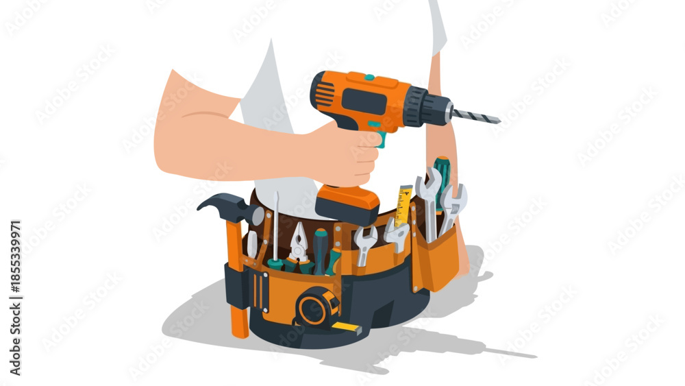 Fototapeta premium Realistic tool belt with power drill and hand tools for construction and diy projects
