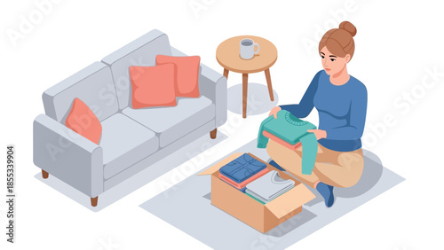 Isometric room organization with woman folding clothes in cozy living space