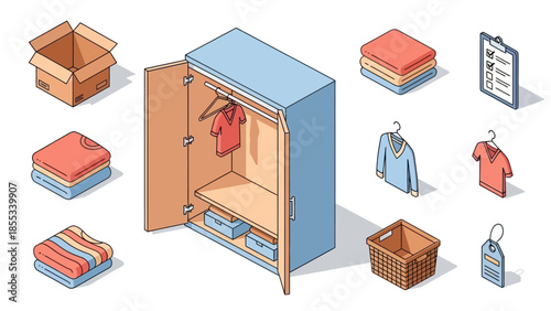 Organized closet in isometric style with boxes, wardrobe, and folded clothes for a tidy home