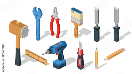 Isometric hand tools collection: hammer, wrench, pliers, and more in 3d design