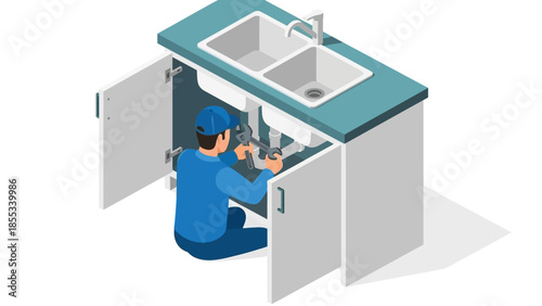 Isometric plumber fixing kitchen sink under cabinet in modern home design