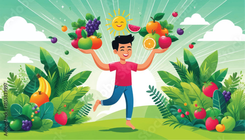 Happy young man balancing abundant fresh fruit baskets with a cheerful expression.