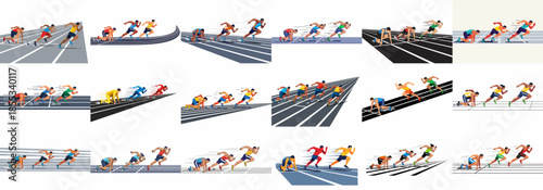 Sprint race athletes starting sequence vector set, showing runners at the blocks, explosive start, and powerful acceleration on the track.