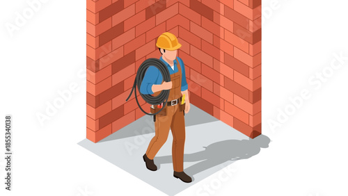 Construction worker carrying cable in brick corner isometric design