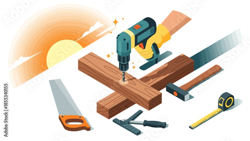 Isometric carpentry tools with drill and wooden planks under sunset sky