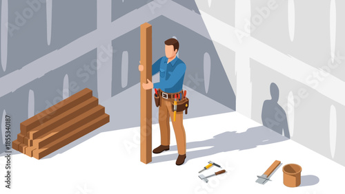 Isometric construction worker holding beam in drywall room