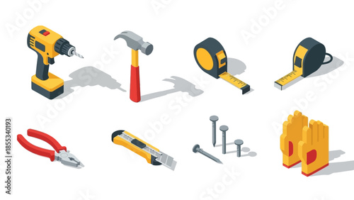 Isometric tools collection: drill, hammer, tape measure, pliers, utility knife, nails, gloves