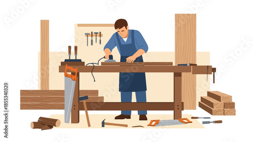 Carpenter at work in workshop with tools and wood planks in minimalist style