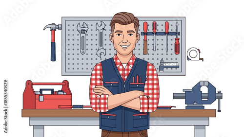 Smiling carpenter in workshop with tools and equipment displayed on pegboard