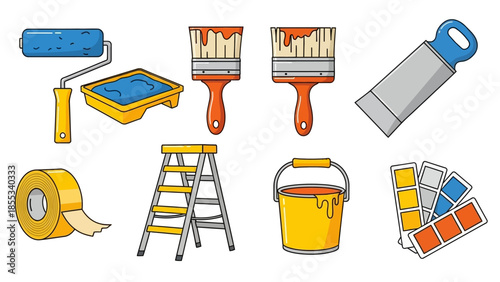 Colorful painting tools icon set: rollers, brushes, ladder, and more for diy and renovation projects