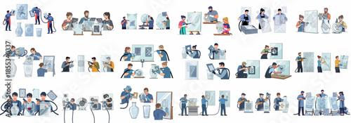 Glass Etching and Sandblasting Set: People Creating Intricate Decorative Patterns on Vases, Mirrors, and Panels Using Abrasive Techniques and Craft.