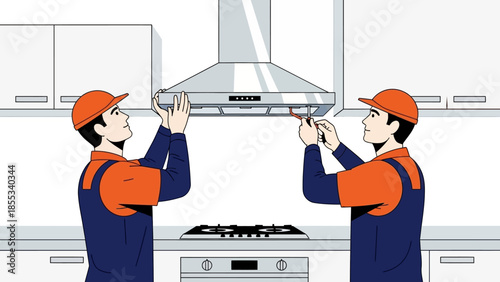 Technicians installing kitchen vent hood in modern home setting