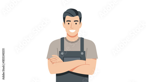 Smiling man in overalls with crossed arms on white background