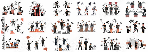 Extensive Vector Collection of Traditional Chimney Sweeps in Various Poses Cleaning Sooty Rooftop Chimneys with Brushes and Tools.