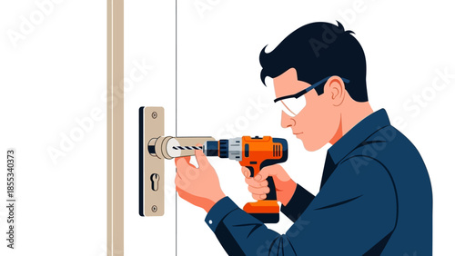 Man using cordless drill for door lock installation in modern illustration style