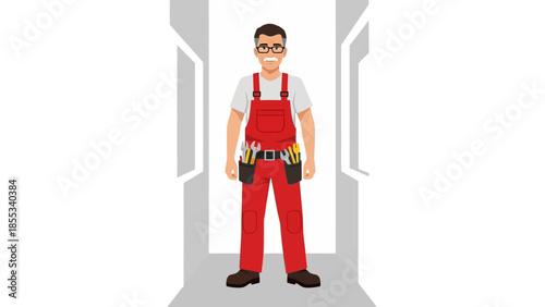 Smiling carpenter in red overalls standing in hallway holding tools