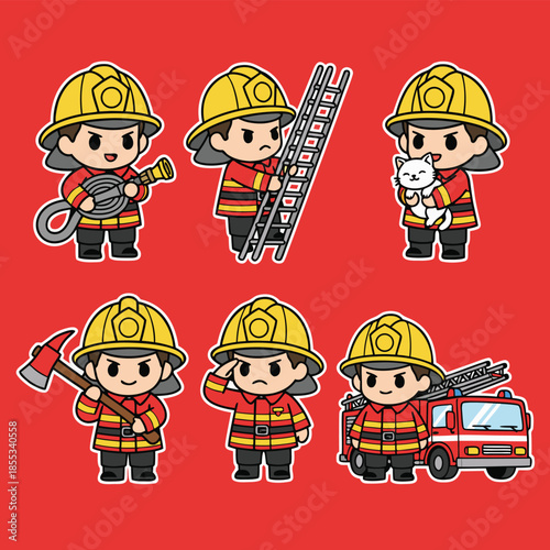 Cute Firefighter Character Set with Various Poses and Equipment.