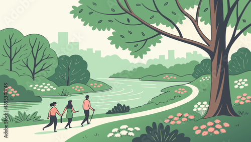 Family Walking Together in Green Nature Illustration