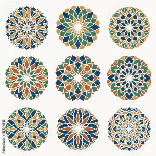 Collection of nine colorful geometric mandala patterns with intricate designs.