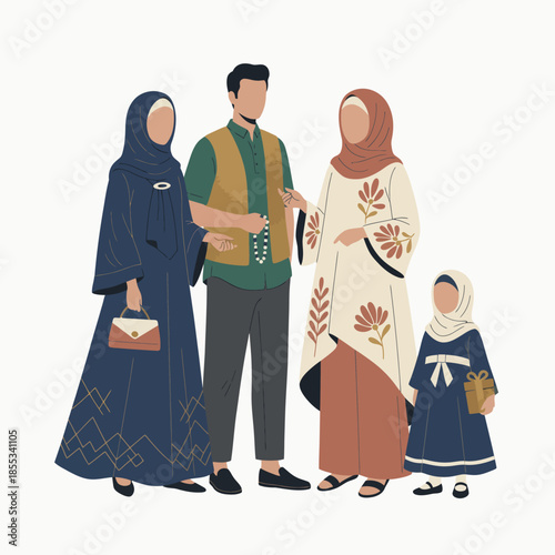 Muslim family standing together celebrating Eid alFitr.