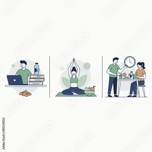 People engaging in various daily activities including work yoga and meal preparation.