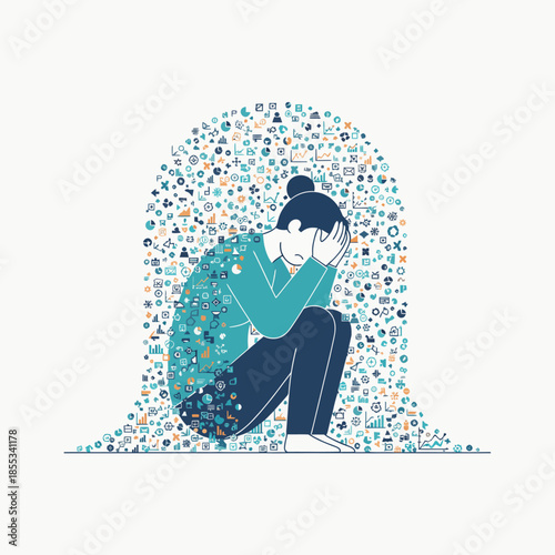 Woman overwhelmed by information overload and mental stress.