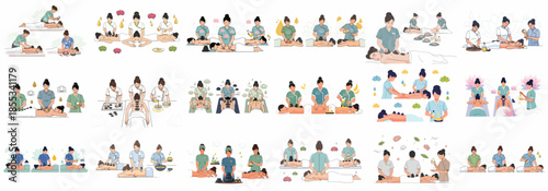 Set of vector illustrations depicting professional spa and wellness treatments, including hot stone massage, aromatherapy, and therapeutic back rubs for relaxation.