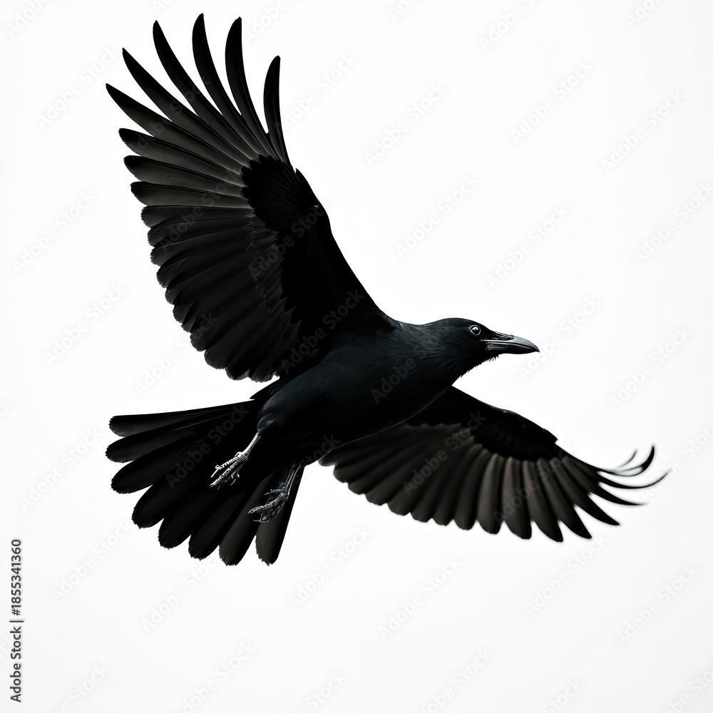 Obraz premium Black crow flies with wings spread wide against white background. Close up view of bird in flight, showing feather detail and avian anatomy. This powerful winged creature navigates the open sky.
