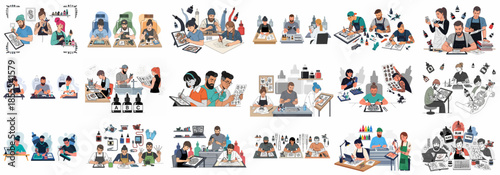 Collection of vector illustrations showing tattoo artists designing artwork, preparing equipment, and engaging in creative work in the studio.
