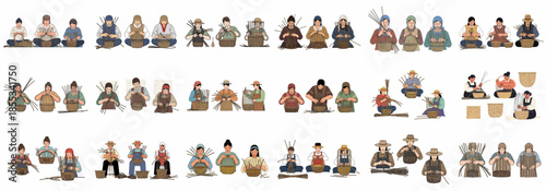 Collection of vector illustrations showing men and women demonstrating the stages of traditional wicker and bamboo basket weaving craft.