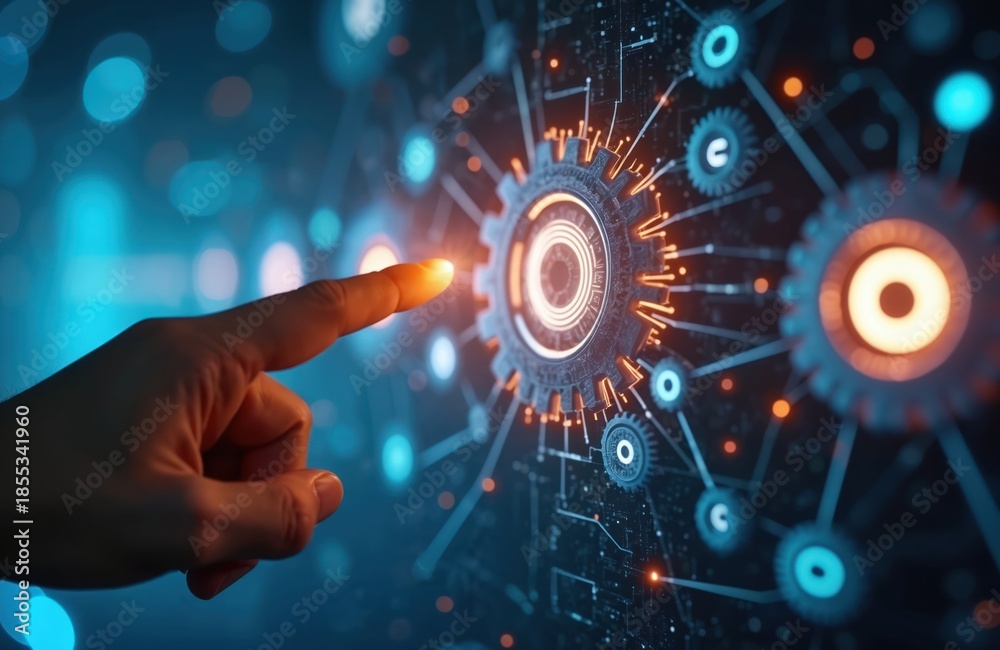 Obraz premium Finger points glowing digital gear symbol on dark tech network. Abstract futuristic innovation and connection concept. Complex system integration data flow.