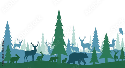 Minimalist 2D flat illustration captures a serene vintage forest landscape featuring dark animal silhouettes and towering pine trees in a retro blue and green palette.