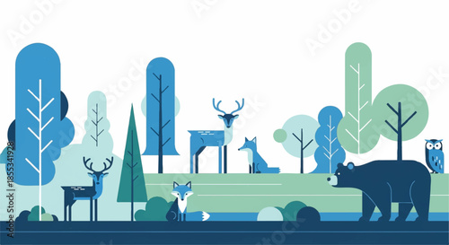 Flat 2D vector illustration of a peaceful retro forest landscape features stylized trees and wild animals utilizing harmonious blue and green color tones against a crisp white background.